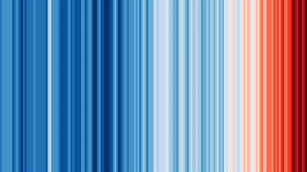 Cada faixa representa um ano que foi mais frio (azul) ou mais quente (vermelho) do que a temperatura média de longo prazo da Terra entre 1850 e 2023. Ed Hawkins/University of Reading.