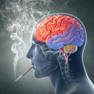 Secção transversal de cérebro humano em vista lateral (perfil), com destaque para três regiões específicas iluminadas: substância negra (mesencéfalo, em vermelho alaranjado), cerebelo (parte posterior inferior, em azul elétrico) e córtex pré-frontal (frente, em violeta suave). No lado esquerdo do cérebro, sobreponha sutilmente um cigarro aceso com fumaça ondulante se transformando em partículas químicas que penetram o tecido cerebral. Fundo gradiente de cinza escuro para branco clínico.